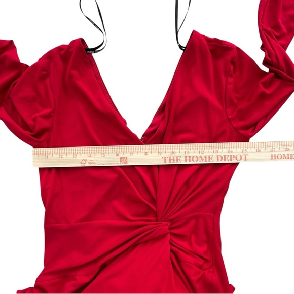 Guess Size 8 Bold Red Twist Front Bodycon Mini Dress | Long Sleeve V-Neck Fitted - Picture 11 of 14